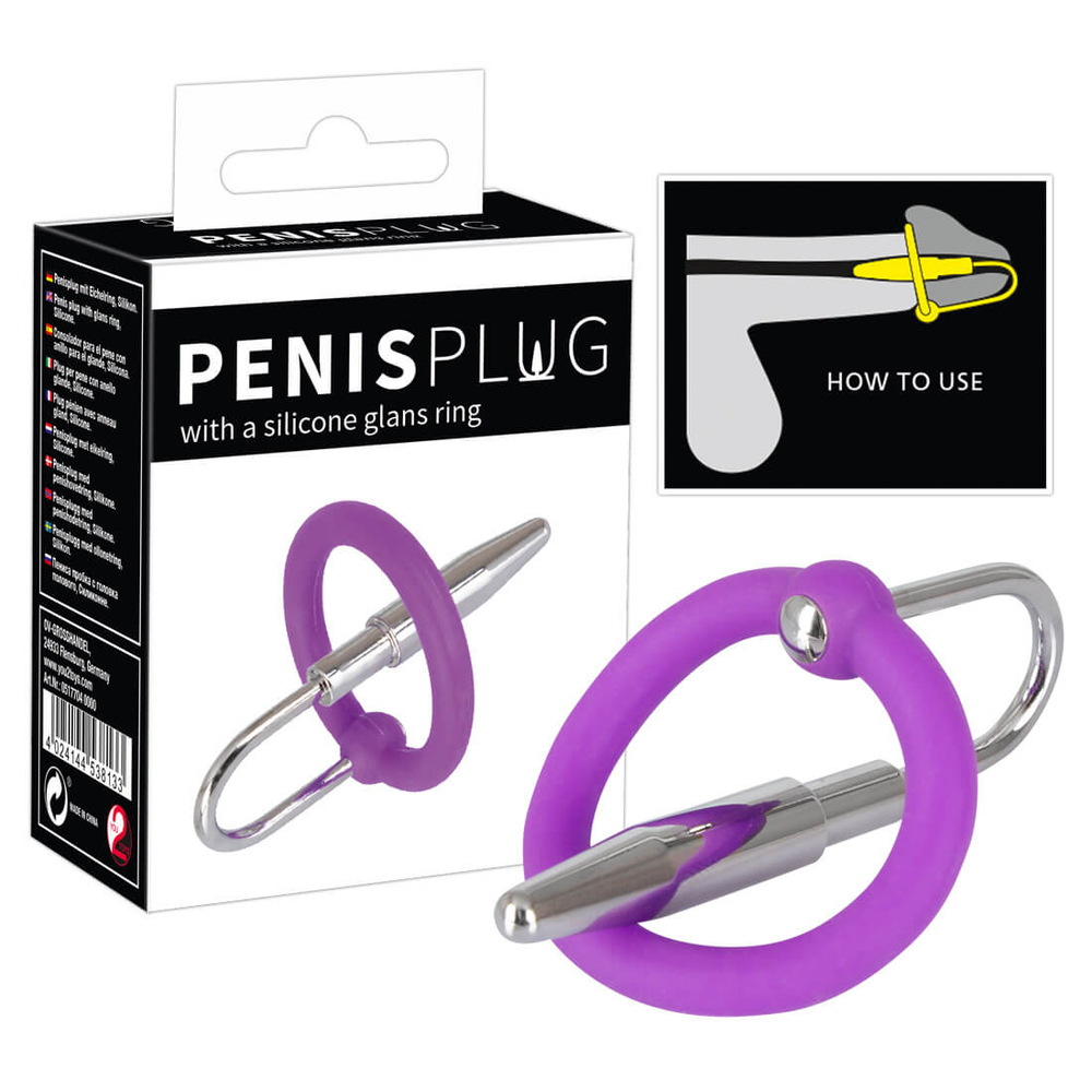 E-shop Penisplug - silikónový krúžok na žaľud so stimulátorom močovej trubice (fialovo-strieborný)