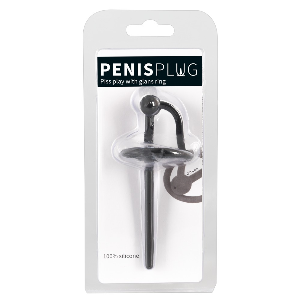 E-shop Penisplug - silikónový krúžok na semenníky s dutým stimulátorom močovej trubice (čierny)