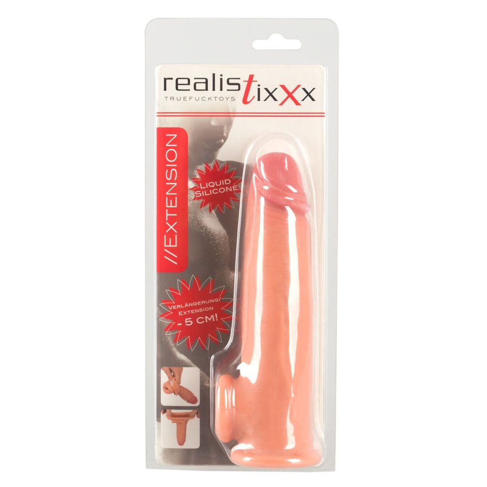 E-shop Realistixxx - predlžujúci návlek na penis s krúžkom na semenníky - 19cm (telová farba)