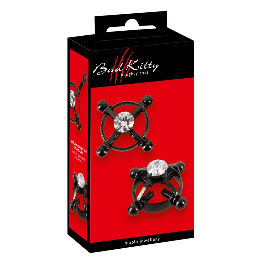 E-shop Bad Kitty - skrutkovacií šperk na bradavky (so štrasovými kamienkami) - čierny