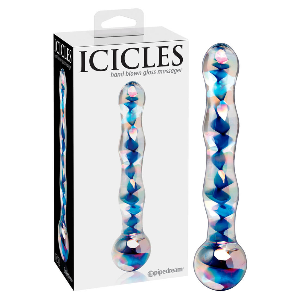 E-shop Icicles No. 08 - obojstranné sklenené dildo s vlnitým povrchom (priehľadné-modré)