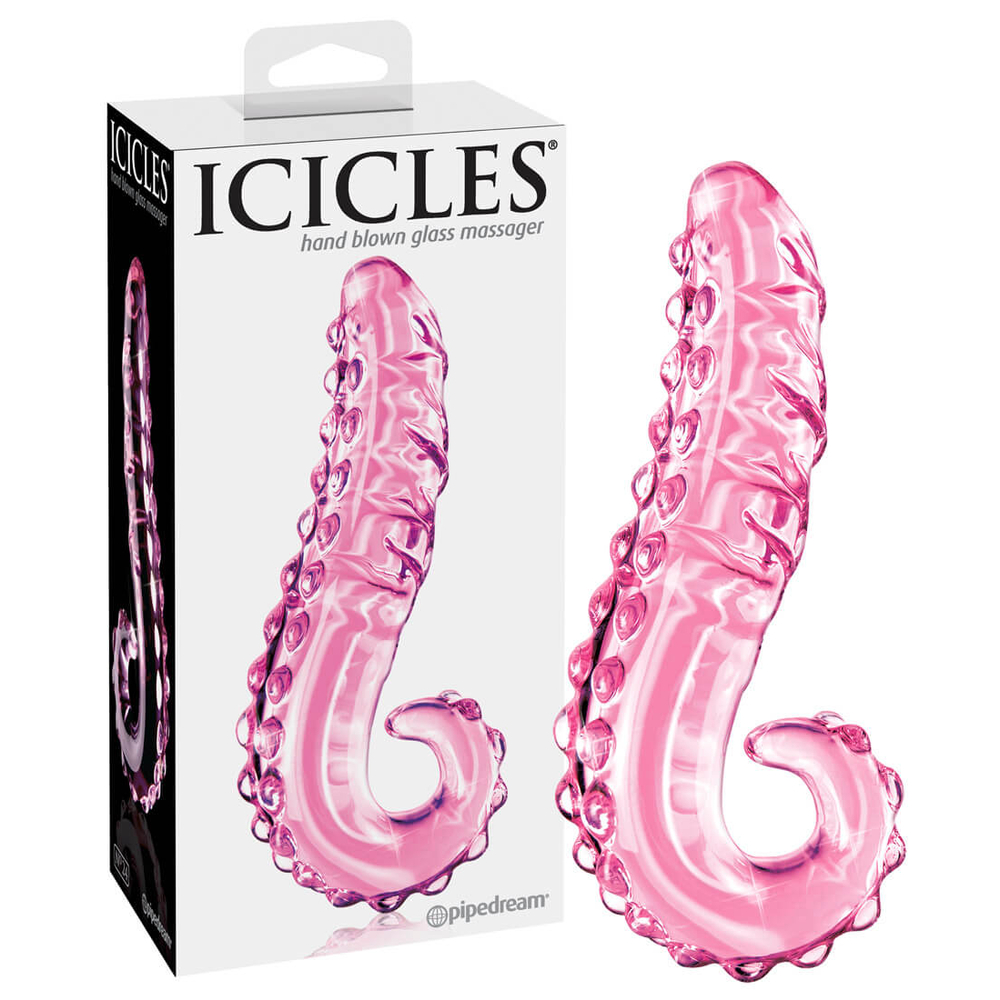 E-shop Icicles No. 24 - sklenené dildo s rebrovaným jazykom (ružové)