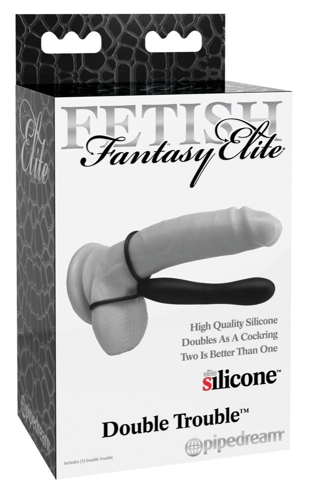E-shop Fetish Double Trouble - krúžok na semenníky a penis s análnym dildom (čierny)