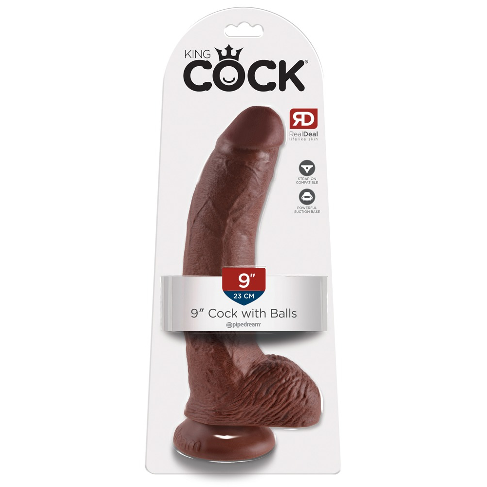 E-shop King Cock 9 - veľké upínacie, testikulárne dildo (23 cm) - hnedé