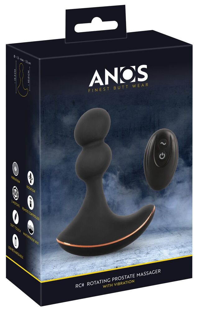 E-shop ANOS - batériový, dvojmotorový, rádiom riadený rotačný análny vibrátor (čierny)
