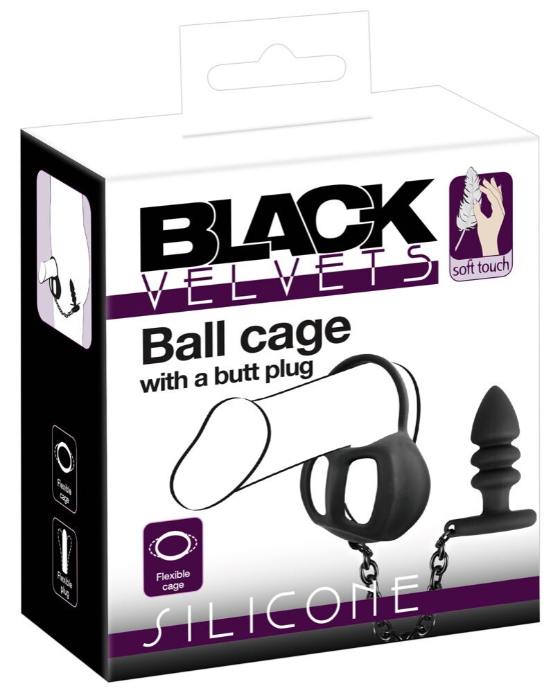 E-shop Black Velvet - silikónová klietka na semenníky s análnym dildom (čierna)