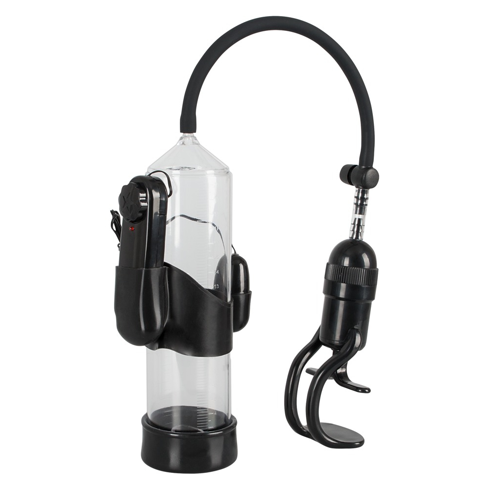 E-shop Mister Boner Vibrating - vibračná pumpa na penis (priehľadná-čierna)