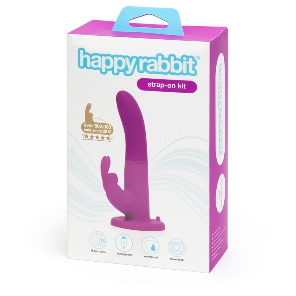 E-shop Happyrabbit Strap-On - vibračný pásik so zajačikom (fialový)