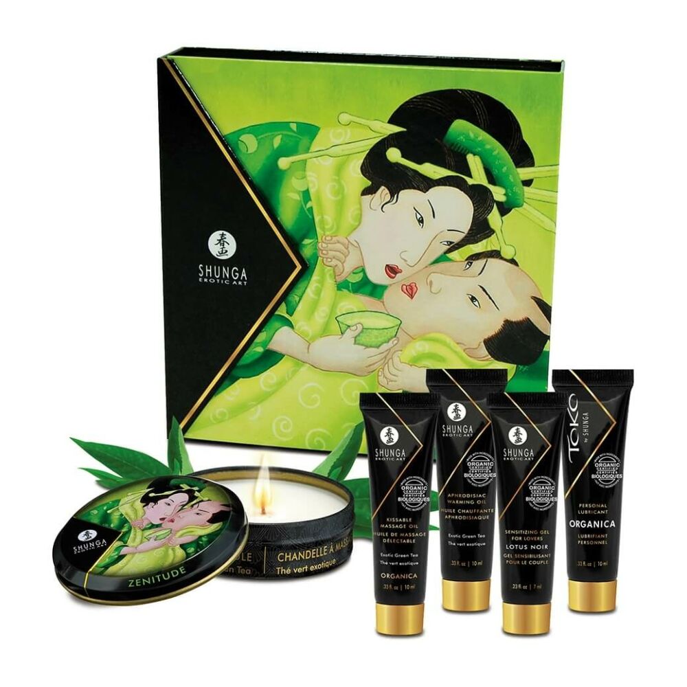 E-shop Shunga Geisha - sada lubrikantu, masážneho oleja a sviečky zo zeleného čaju (5 kusov) -