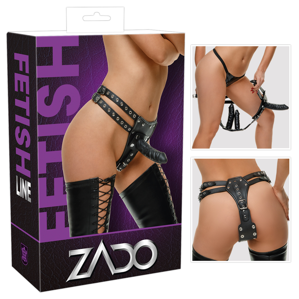 E-shop ZADO - spodky z pravej kože s 1 vonkajším a 2 vnútornými dildami (čierne)