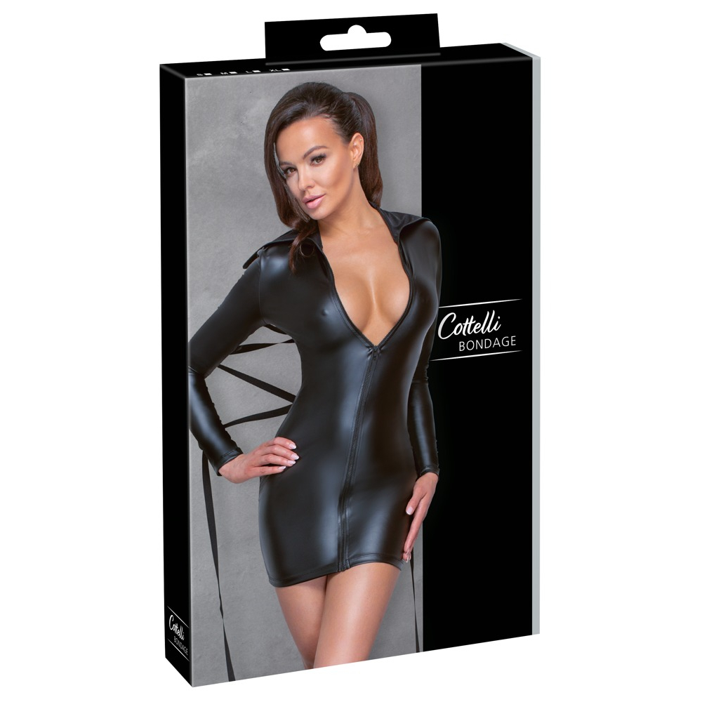 E-shop Cottelli Bondage - Lesklé šaty obopínajúce telo so zaväzovaním (čierne)