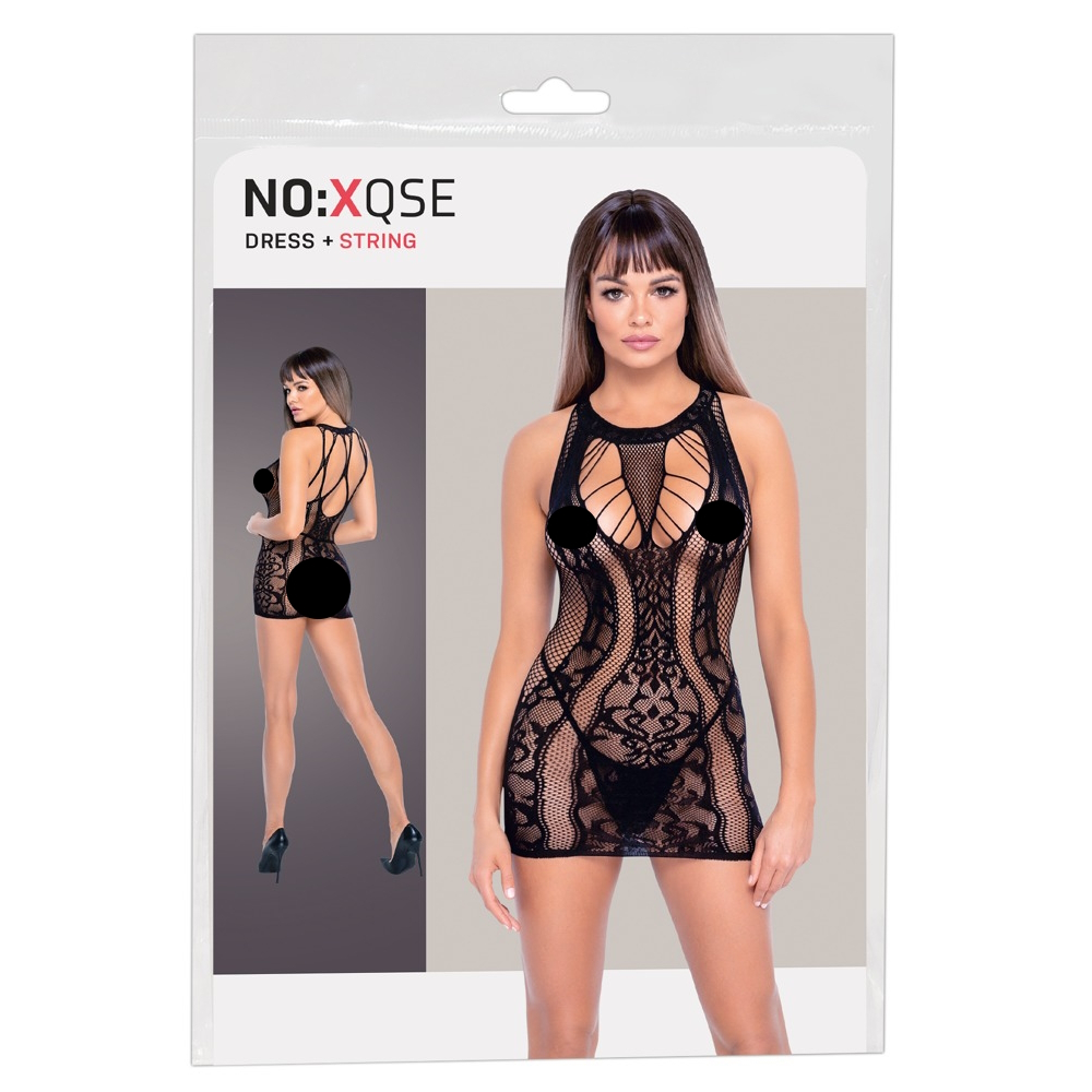 E-shop NO:XQSE - čipkované mini šaty s výstrihom (čierne)