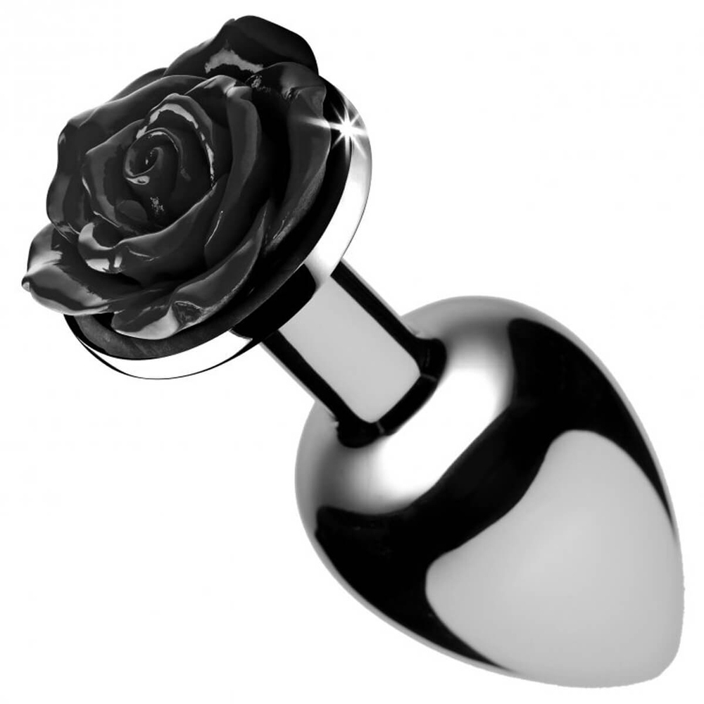 E-shop Booty Sparks Black Rose - 79g-ové hliníkové análne dildo (strieborno-čierne)