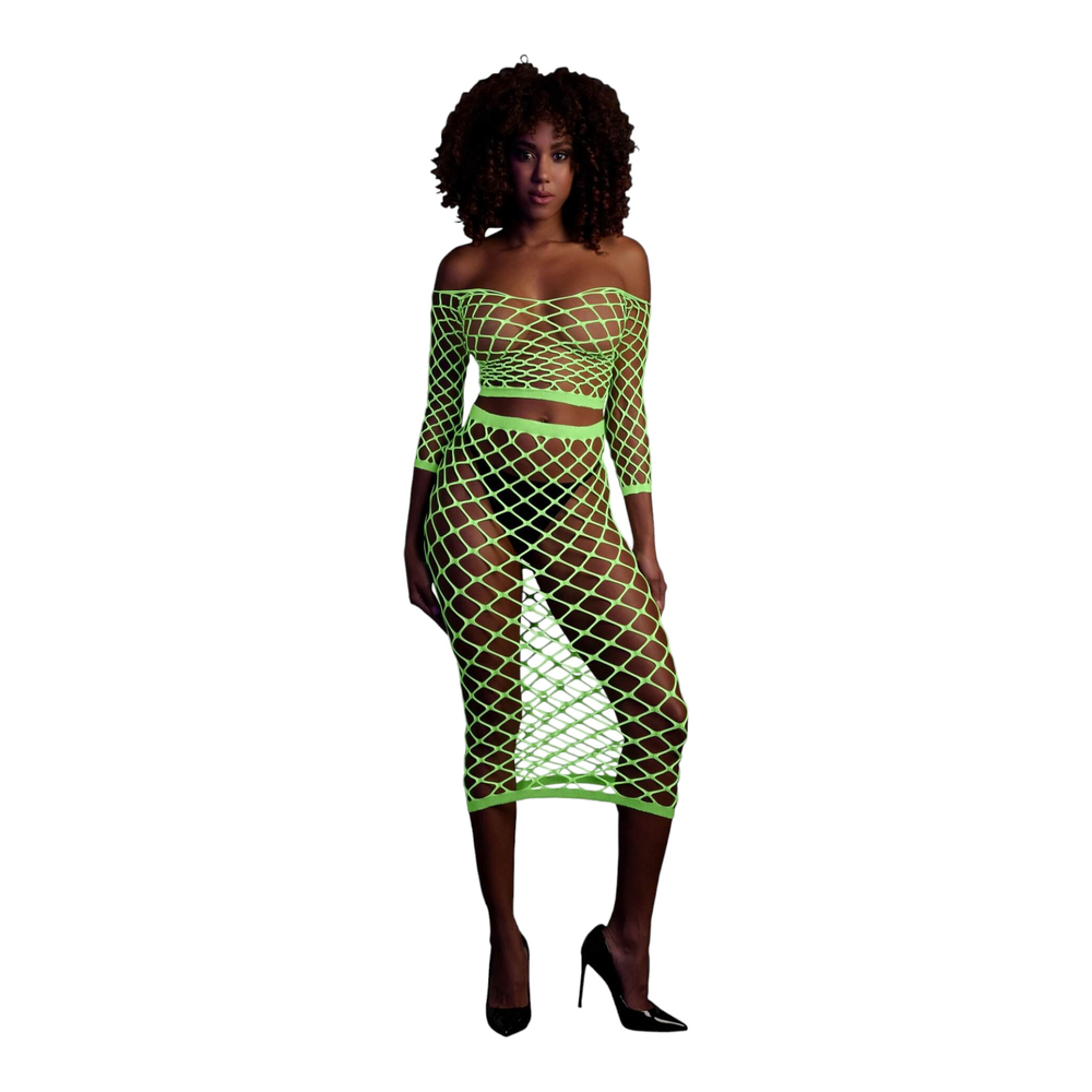 E-shop Ouch! - fluorescenčná sieťovaná sukňa a top (neónovo zelená)