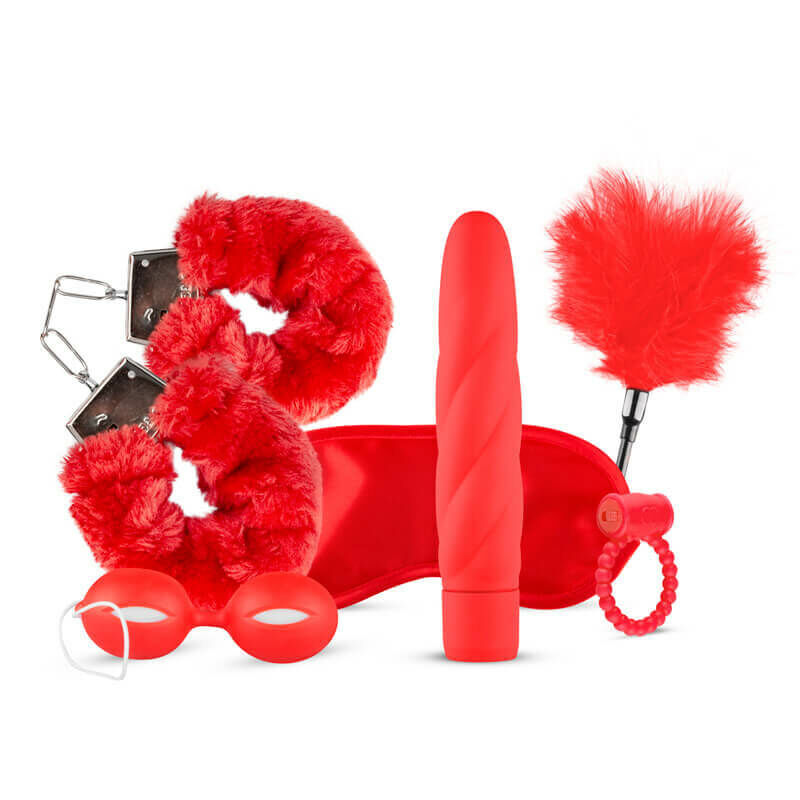 E-shop Loveboxxx I love Red - zväzovacia súprava s vibrátorom (6 dielna) - červená