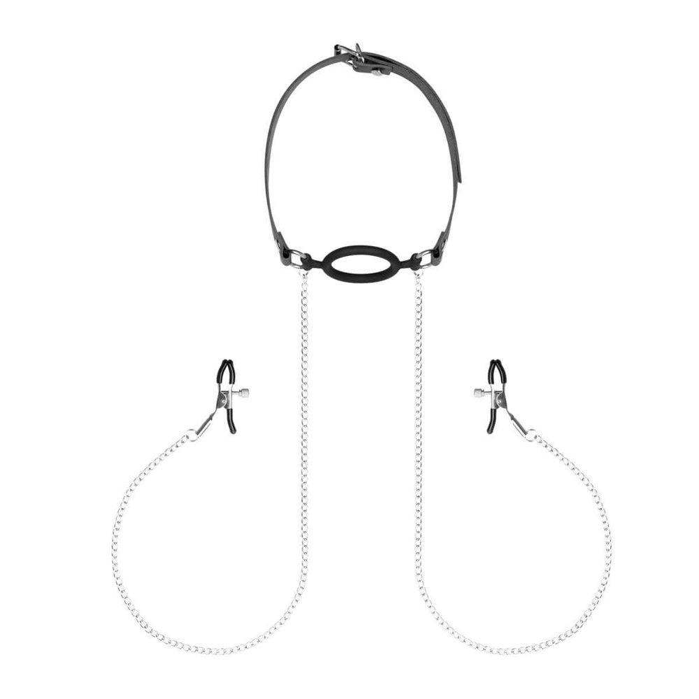 E-shop Spálňové fantázie - roubíky do úst so svorkami na bradavky (strieborno-čierne)