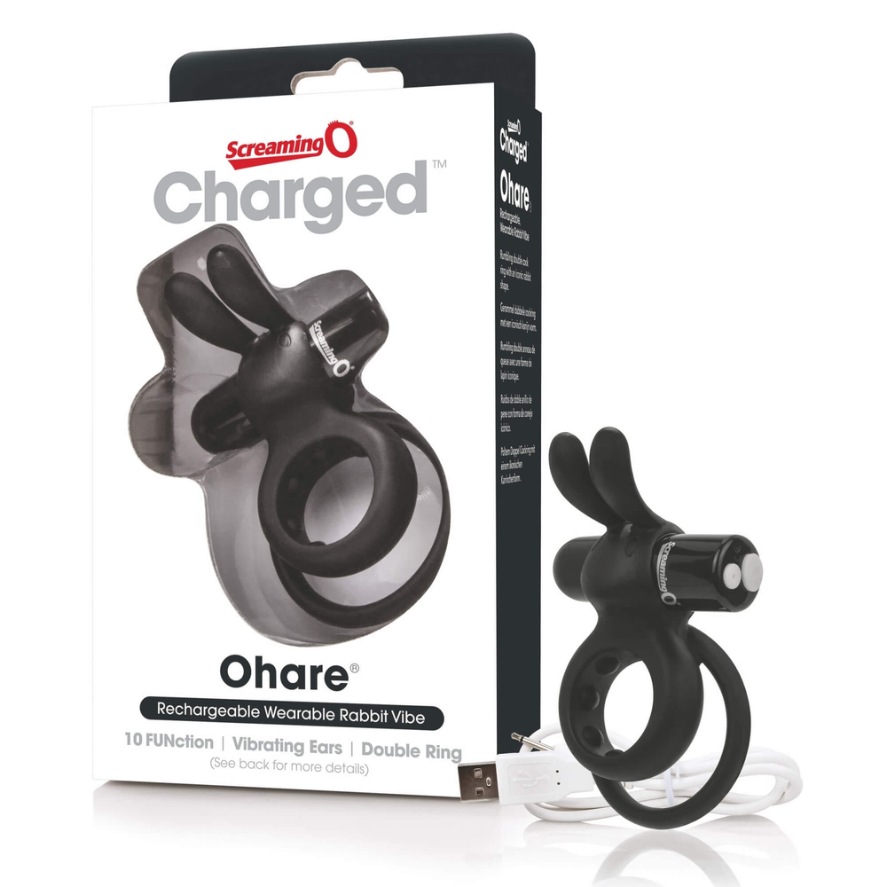 E-shop Screaming Charged Ohare - nabíjací krúžok na penis so zajačími uškami (čierny)