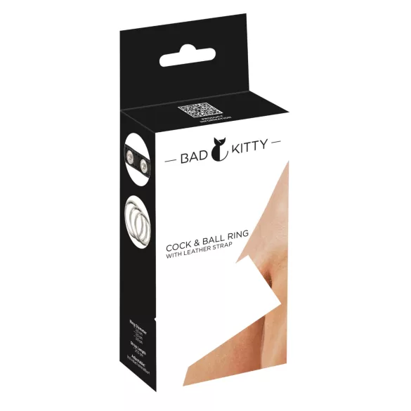 Bad Kitty - kožený erekčný krúžok na semenníky a penis - čierny