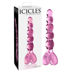   Icicles No. 43 - sklenené dildo s perličkami a srdiečkami - ružové