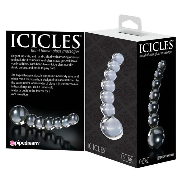 Icicles No. 66 - sklenené dildó s guľkami a ohybom - priehľadné