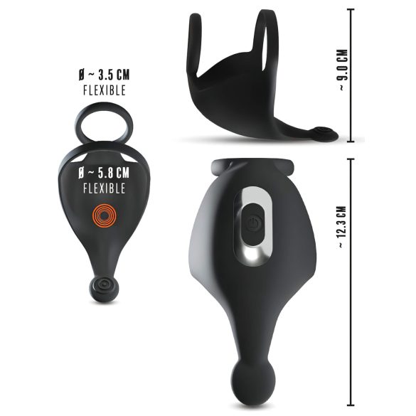 Rebel - nabíjateľný krúžok na penis a semenníky s vibráciou (čierny)