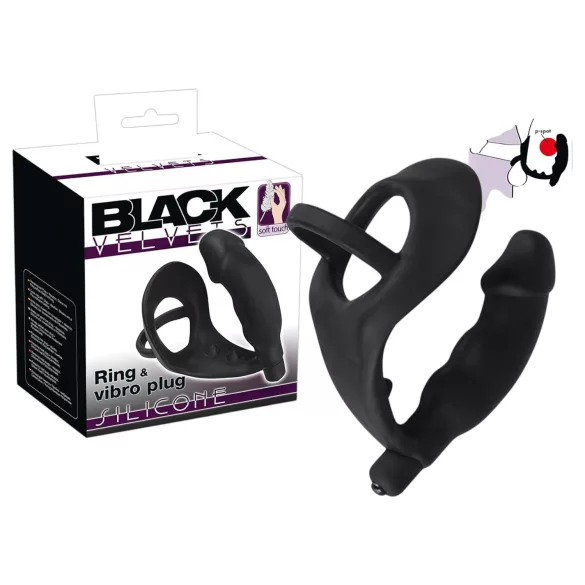 Black Velvets - análny vibrátor s erekčným krúžkom na penis a semenníky - čierny