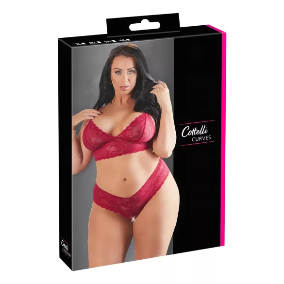 Cottelli Plus Size - erotická čipkovaná podprsenka set - červená - 3XL