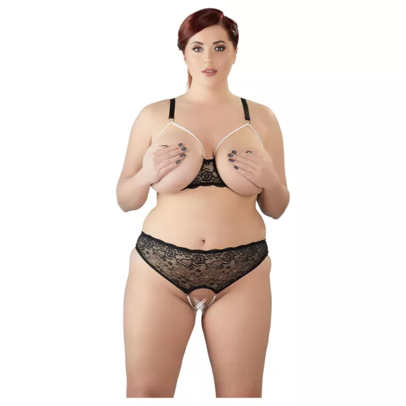 Cottelli Plus Size - podprsenka a nohavičky s perlami - čierne - XL