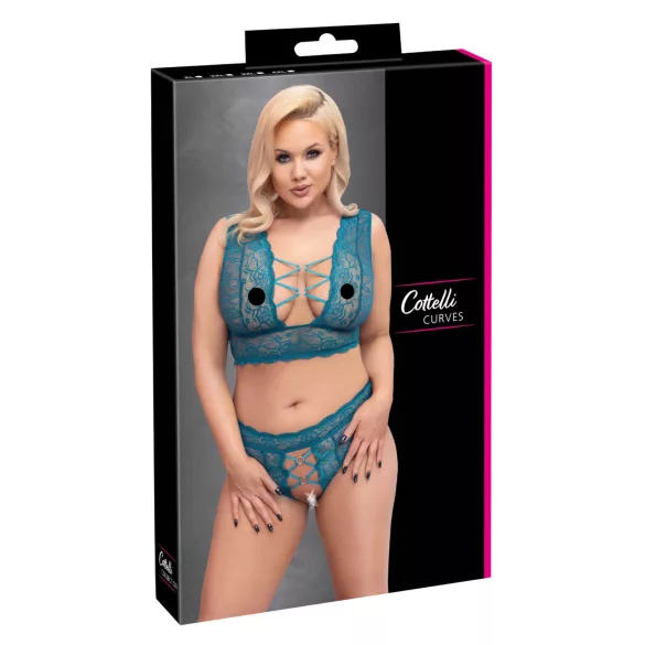 Cottelli Curves - čipkovaný korzetový set spodnej bielizne (modrý) - 2XL