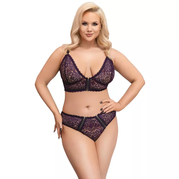 Cottelli Plus Size - priesvitný vzorovaný podprsenkový set (fialový)