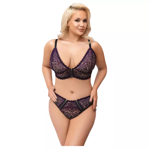 Cottelli Plus Size - priesvitný vzorovaný podprsenkový set (fialový)