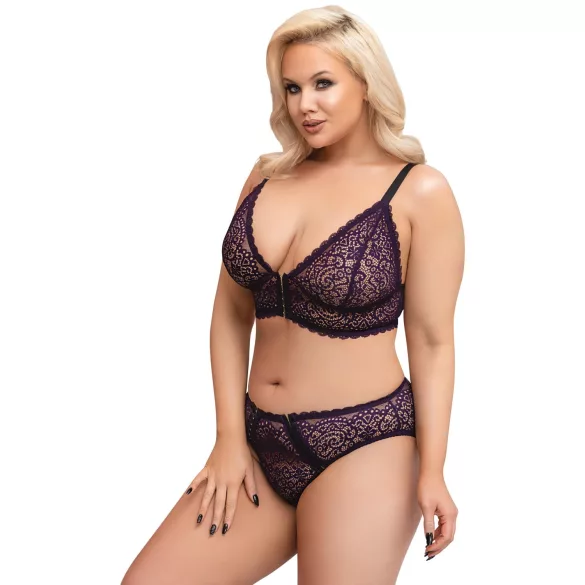 Cottelli Plus Size - priesvitný vzorovaný podprsenkový set (fialový)
