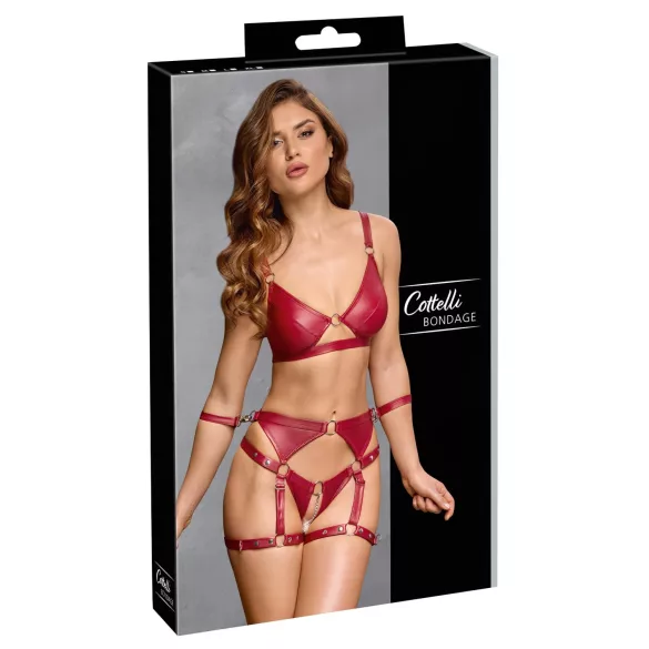 Cottelli Bondage - Lesklý set podprsenky a putá (červené) - M