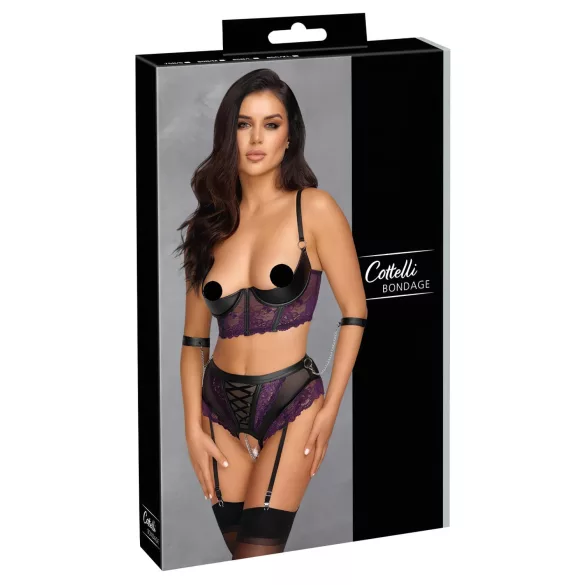 Cottelli Bondage - súprava podprsenky s putami na ruky - čierna/fialová - M