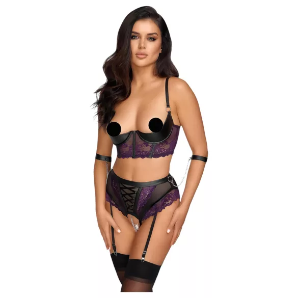 Cottelli Bondage - súprava podprsenky s putami na ruky - čierna/fialová - L