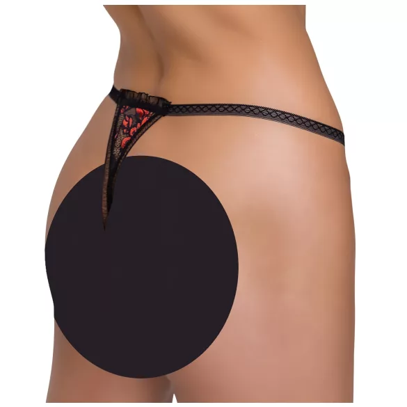 Cottelli - dámske tanga - čipkované, s perličkami, ružové kvety - čierne - M/L