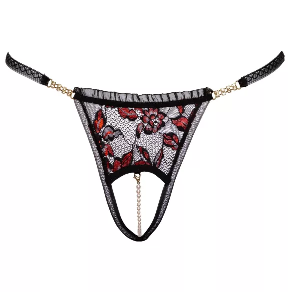 Cottelli - dámske tanga - čipkované, s perličkami, ružové kvety - čierne - M/L