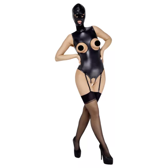 Bad Kitty - otvorený body a maska na orálny sex - čierna - XL