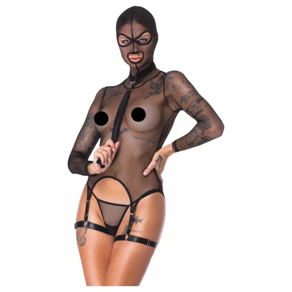 Bad Kitty - BDSM priesvitná sieťovaná súprava s bičíkom (čierna) - M