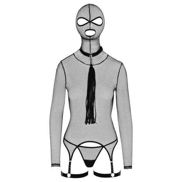 Bad Kitty - BDSM set s bičom - priesvitná sieťovina - čierna - L