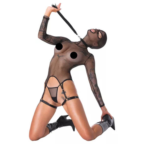 Bad Kitty - BDSM set s bičom - priesvitná sieťovina - čierna - L