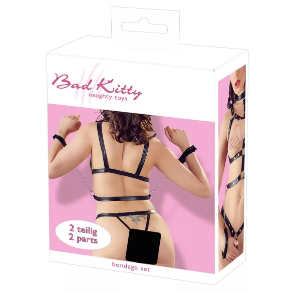 Bad Kitty - Sada postroja s nitmi a pútami na ruky (čierna) - L/XL