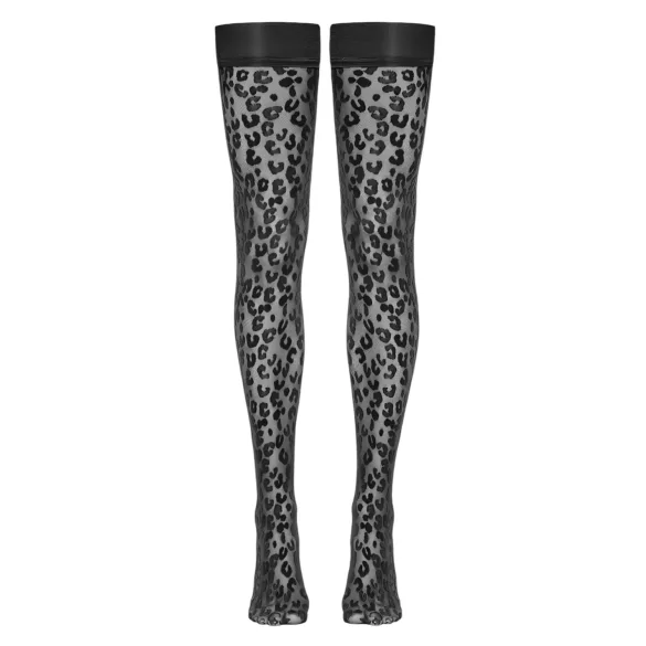 Cottelli Legwear - samodržiace pančuchy - leopard vzor - čierne
