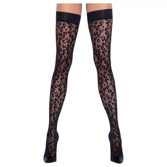 Cottelli Legwear - samodržiace pančuchy - leopard vzor - čierne - 5