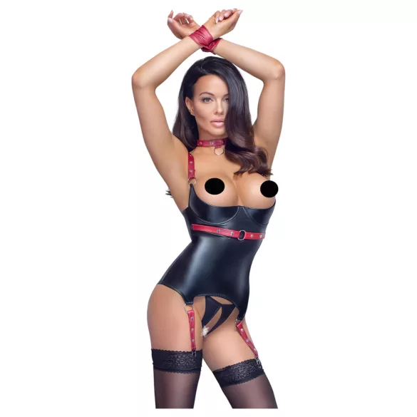 Cottelli Bondage - lakovaný top s otvorom na prsia a obojkom - čierny - M