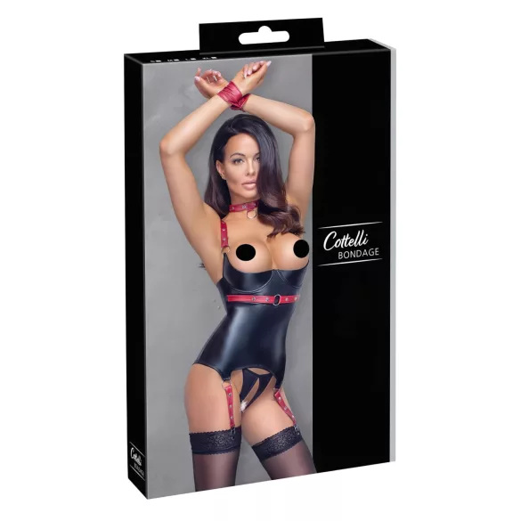 Cottelli Bondage - lakovaný top s otvorom na prsia a obojkom - čierny - XL