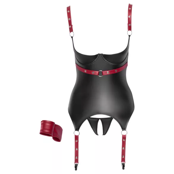 Cottelli Bondage - lakovaný top s otvorom na prsia a obojkom - čierny - XL