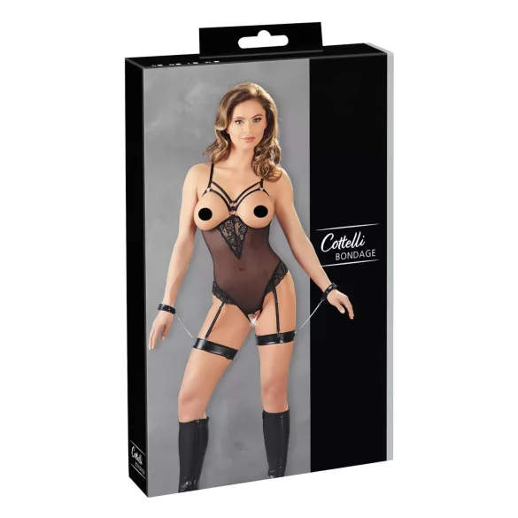 Cottelli Bondage - body s kovovými krúžkami a putami na ruky - čierna - XL