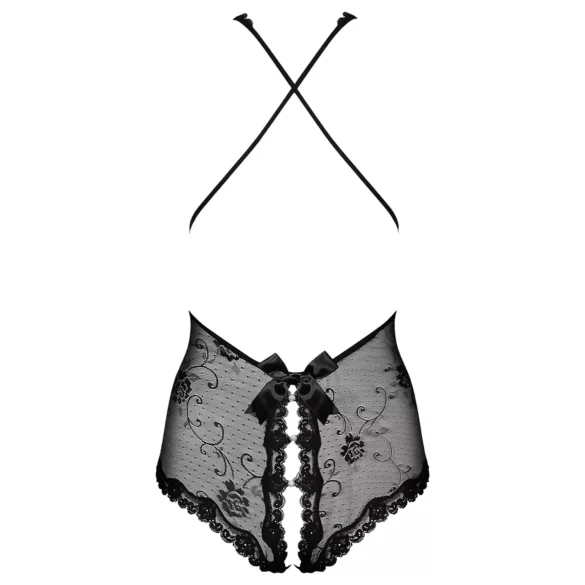 Obsessive - dámske body s perlami - otvorené, čipkované - čierne - L/XL