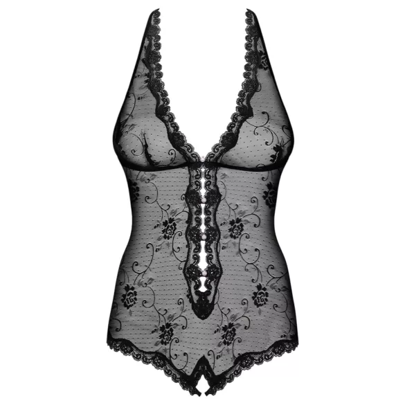 Obsessive - dámske body s perlami - otvorené, čipkované - čierne - L/XL